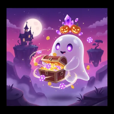 Cute ghost at BooCasino offering glowing chips and cards in fantasy casino setting.